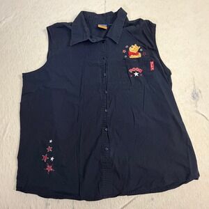Vintage Disney Winnie the Pooh Women Sleeveless Button Shirt Navy Embroidered XL